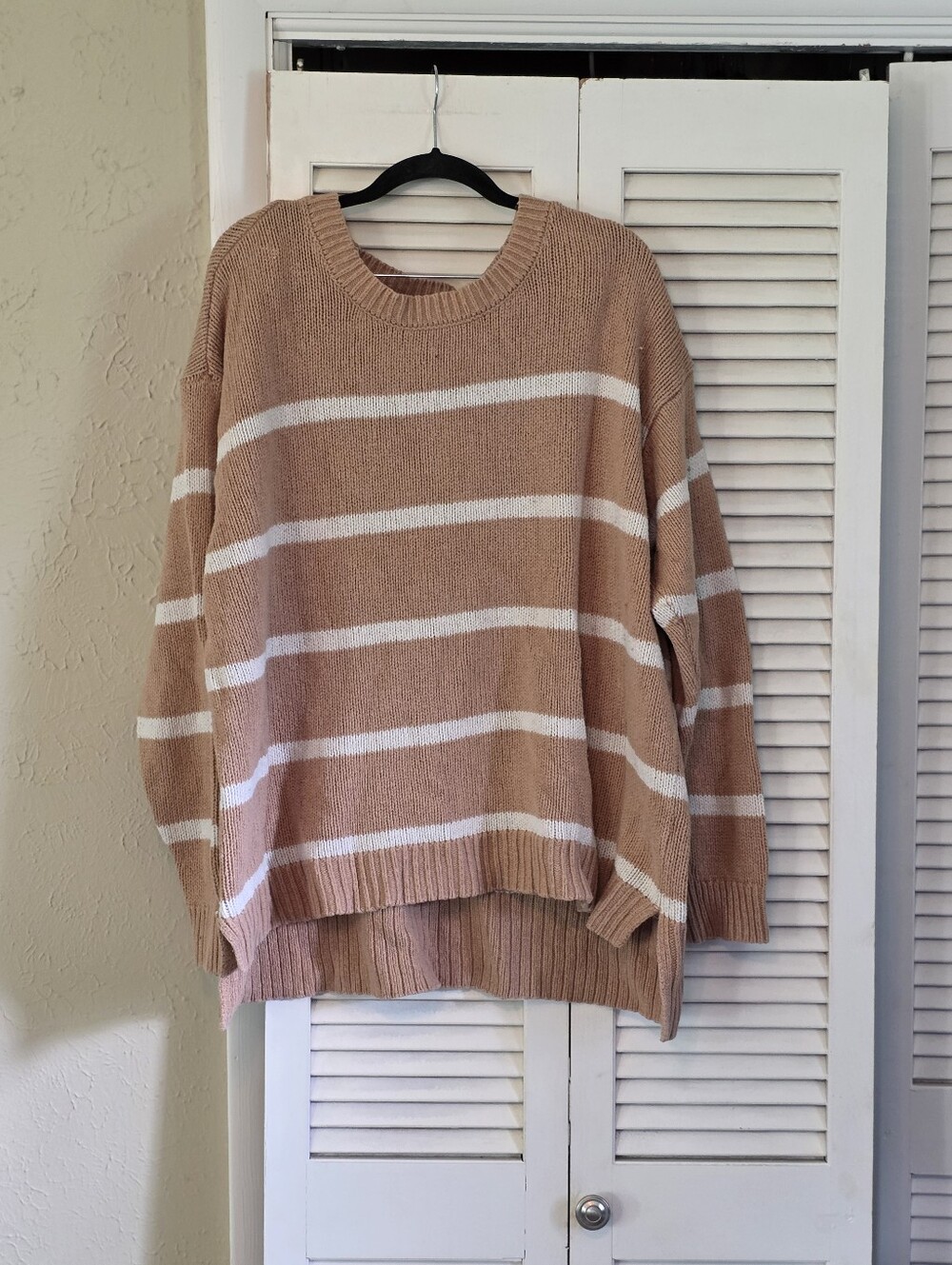 Lane Bryant Tan and White Striped Crewneck Sweater